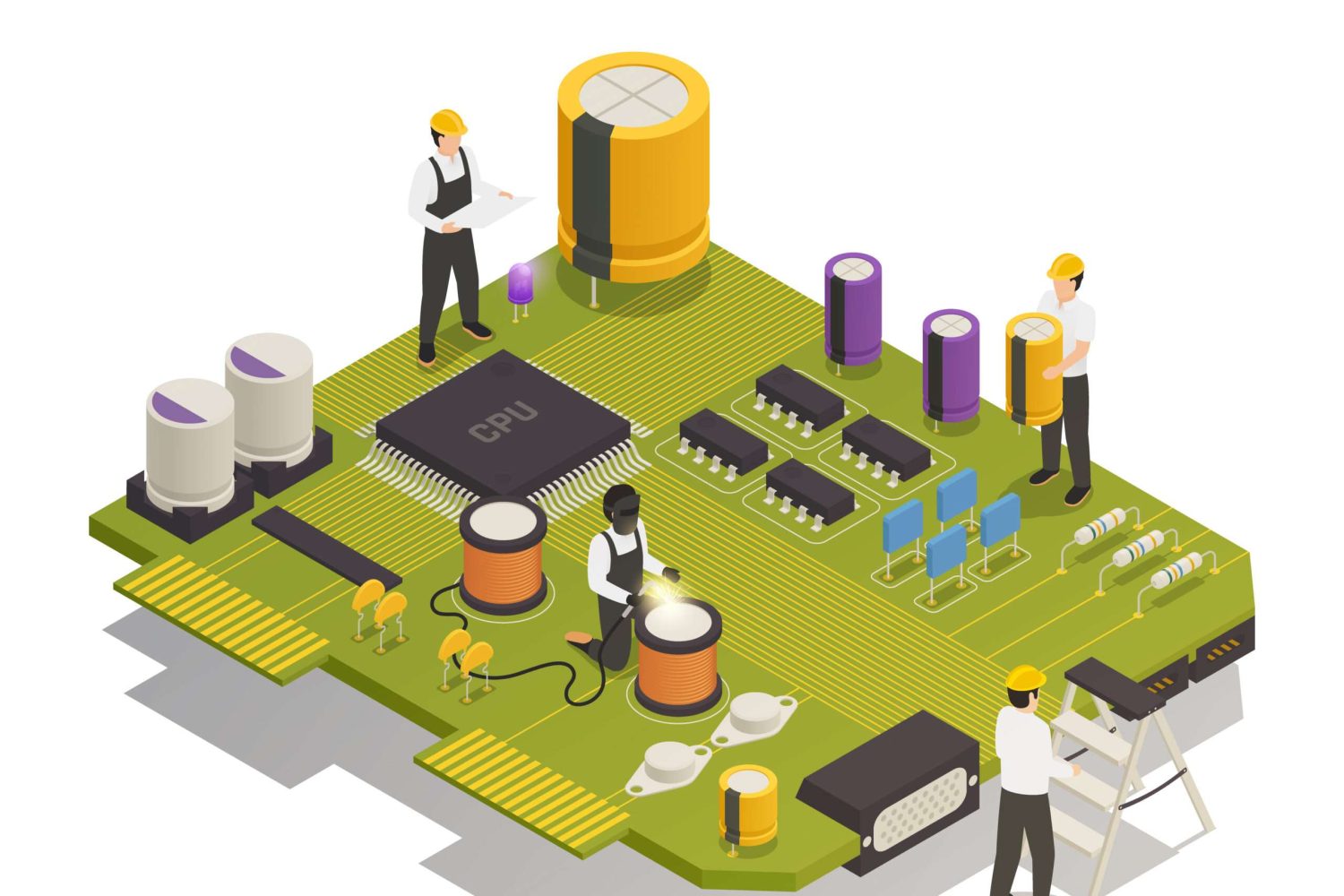 Semiconductor electronic components isometric composition with 4 men assembling resistors diodes on printed circuit board vector illustration
